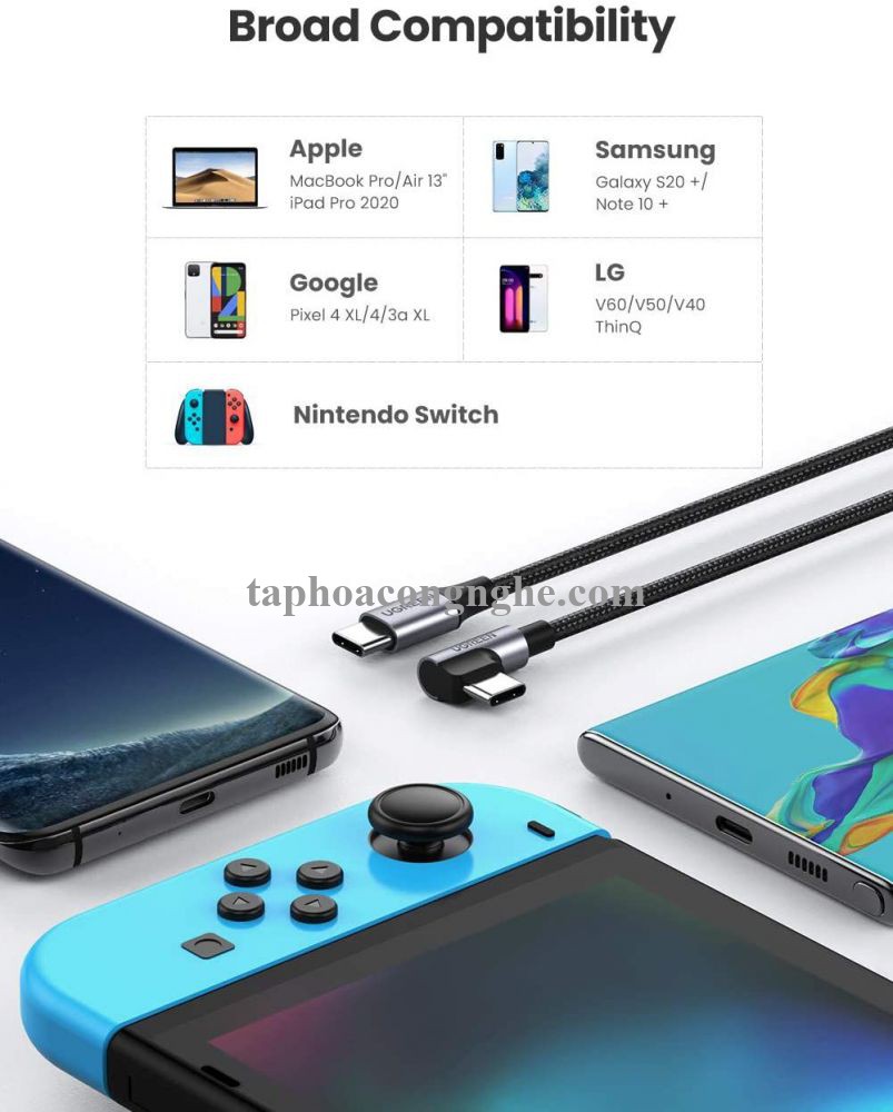 Ugreen 80714 3M bẻ góc C 90 độ màu xám cáp 2 đầu type c 2.0 sạc và truyền dữ liệu từ máy tính ra điện thoại US255 30080714